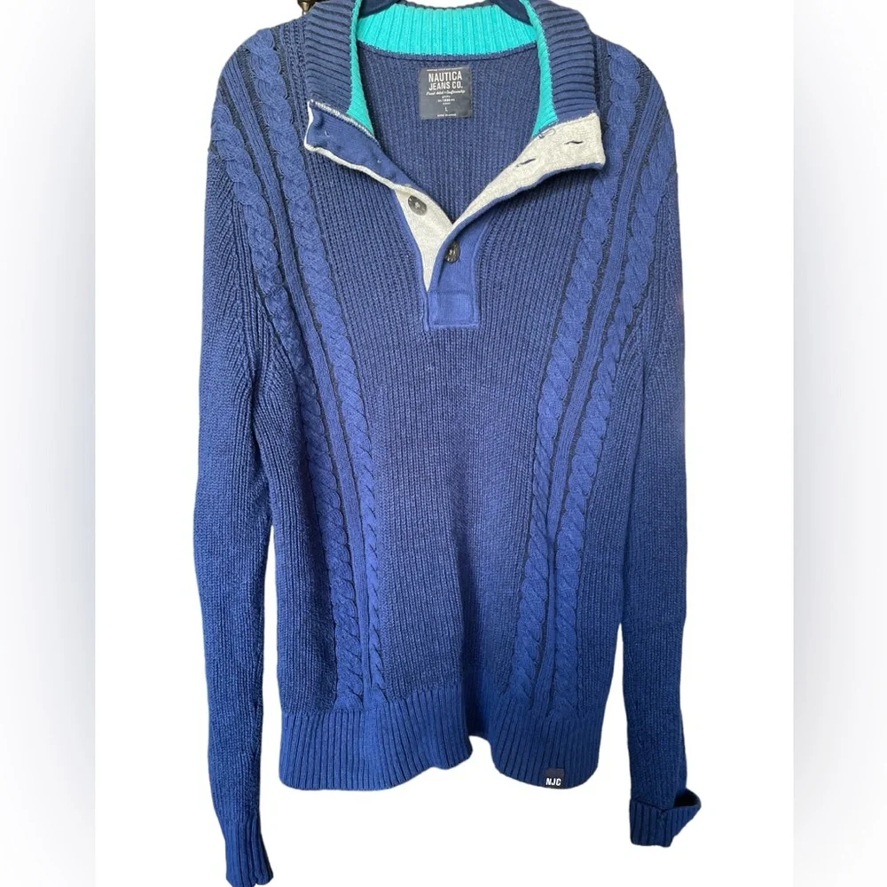 EUC, blue men’s size Large Nautica 100% cotton knit sweater, mock neck, pullover